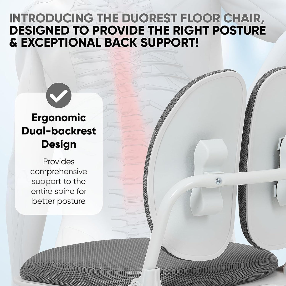 Ergonomic Dual-Backrests Floor Chair with Back Support (Black Leather)