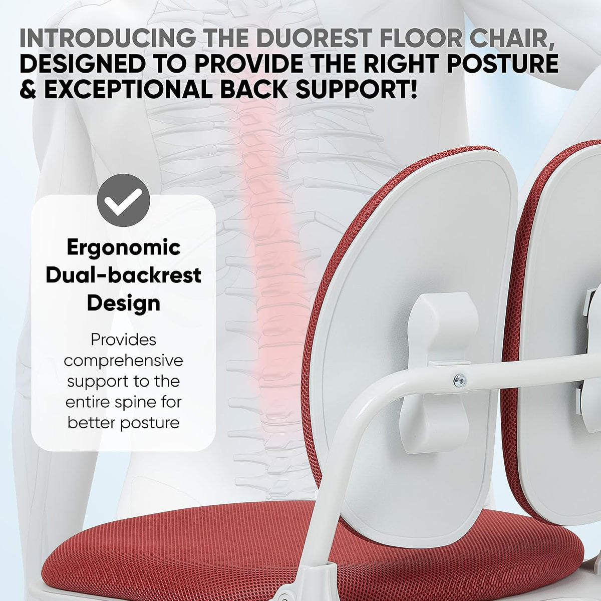 Ergonomic Dual-Backrests Floor Chair with Back Support (Black Leather)