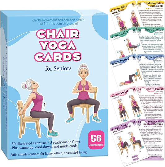 Gentle Chair Yoga Program for Seniors Includes 50 Large Print Exercise Cards that Gently Target Back Relaxation, Core Strength, and Leg Stability.