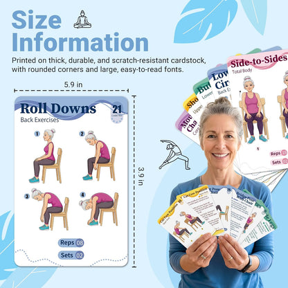 Gentle Chair Yoga Program for Seniors Includes 50 Large Print Exercise Cards that Gently Target Back Relaxation, Core Strength, and Leg Stability.