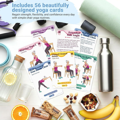 Gentle Chair Yoga Program for Seniors Includes 50 Large Print Exercise Cards that Gently Target Back Relaxation, Core Strength, and Leg Stability.