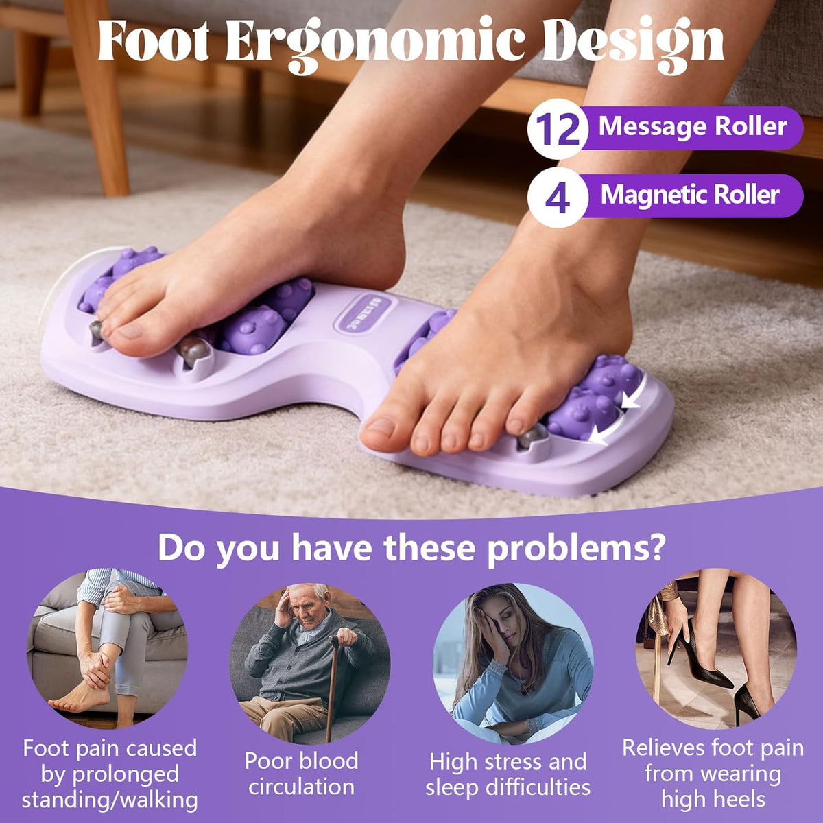 Portable Double Foot Massage Roller for Plantar Fasciitis Relief, Dual Acupressure Therapy for Pain & Stress Relief, Reflexology Tool for Improved Circulation at Home or Office (Purple)