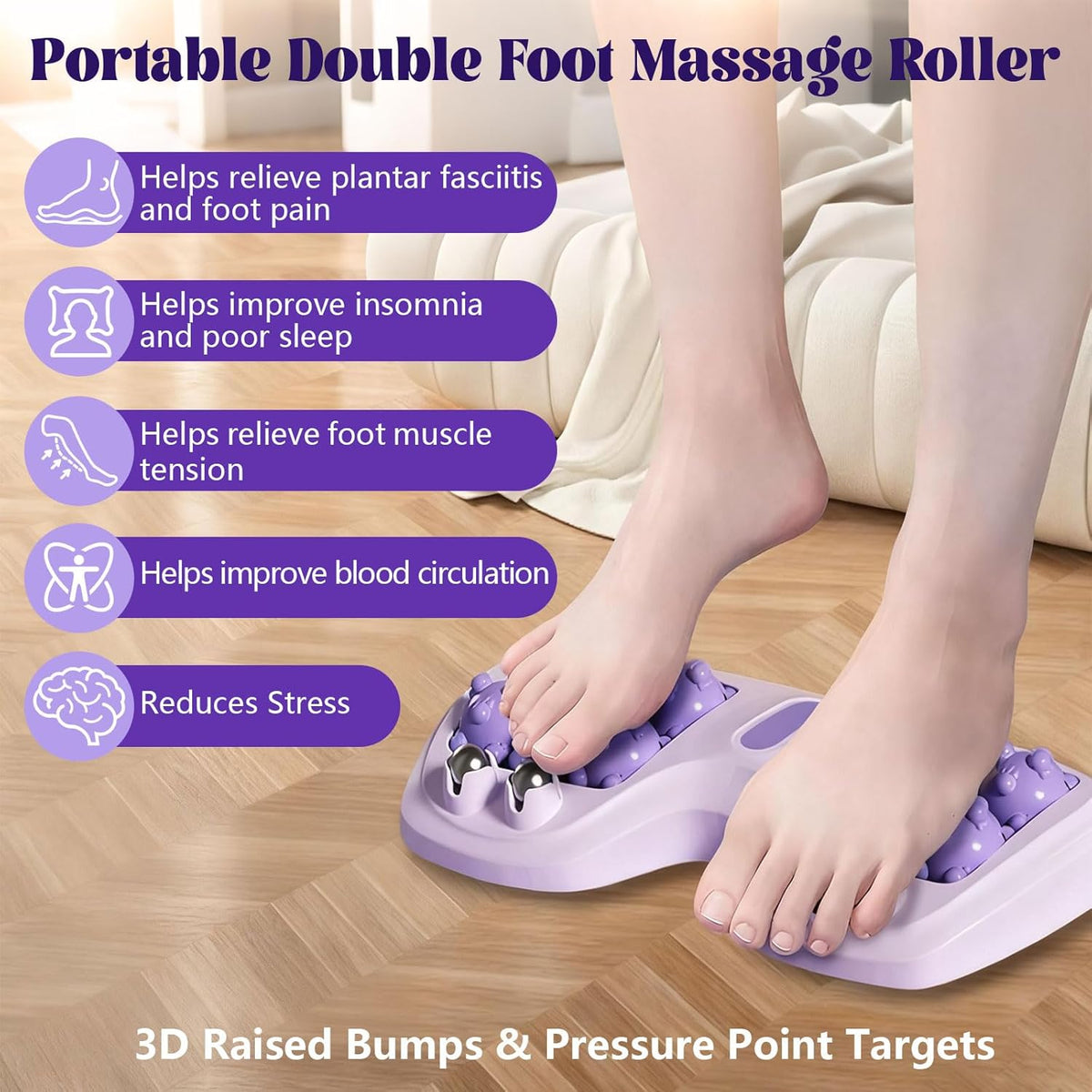 Portable Double Foot Massage Roller for Plantar Fasciitis Relief, Dual Acupressure Therapy for Pain & Stress Relief, Reflexology Tool for Improved Circulation at Home or Office (Purple)