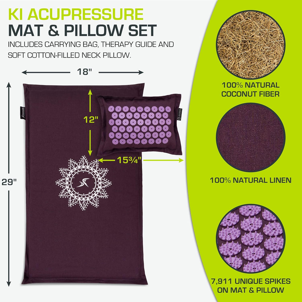ProsourceFit Ki Acupressure Mat and Pillow Set with 100% Natural Linen for Back/Neck Pain Relief and Muscle Relaxation