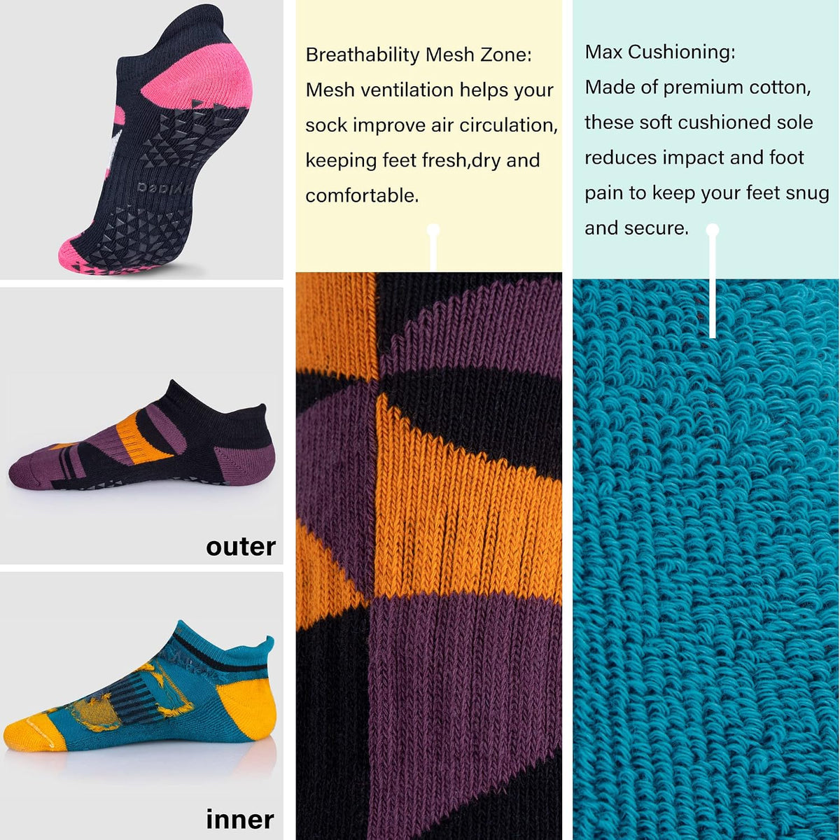 Unisex Non Slip Socks with Grip for Yoga, Hospital, Pilates, Barre | Ankle, Cushioned