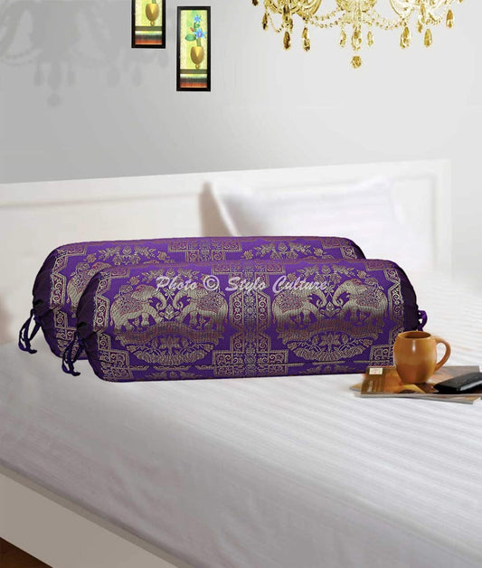 Ethnic Polydupion Indian Yoga Bolster Pillow Covers for Legs Purple Gold Elephant Cylindrical Brocade Silk Jacquard Neck Roll Tubular Banarsi Bolster Cases | (Set of 2) | 30x15 Inches