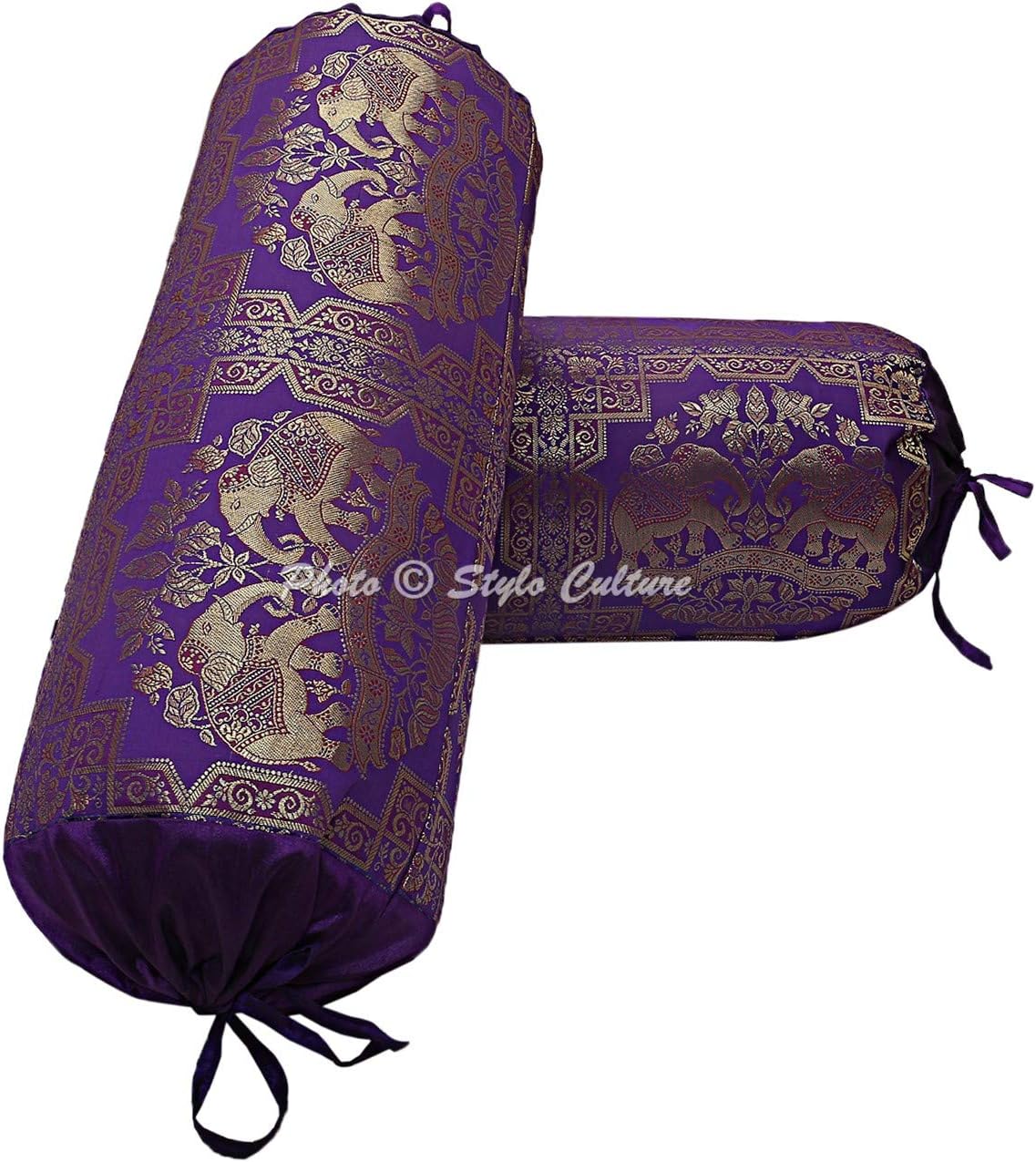 Ethnic Polydupion Indian Yoga Bolster Pillow Covers for Legs Purple Gold Elephant Cylindrical Brocade Silk Jacquard Neck Roll Tubular Banarsi Bolster Cases | (Set of 2) | 30x15 Inches
