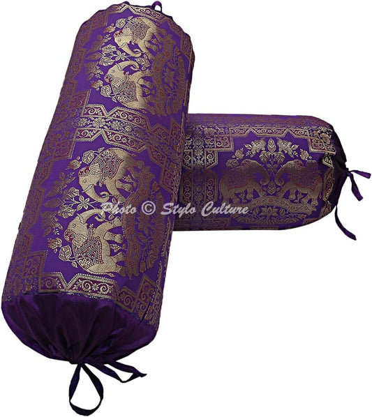 Ethnic Polydupion Indian Yoga Bolster Pillow Covers for Legs Purple Gold Elephant Cylindrical Brocade Silk Jacquard Neck Roll Tubular Banarsi Bolster Cases | (Set of 2) | 30x15 Inches