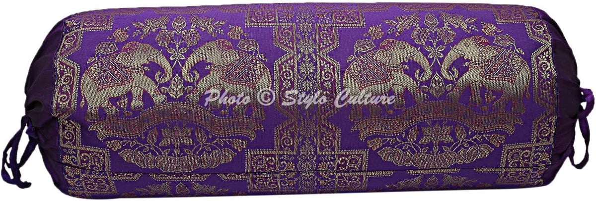 Ethnic Polydupion Indian Yoga Bolster Pillow Covers for Legs Purple Gold Elephant Cylindrical Brocade Silk Jacquard Neck Roll Tubular Banarsi Bolster Cases | (Set of 2) | 30x15 Inches