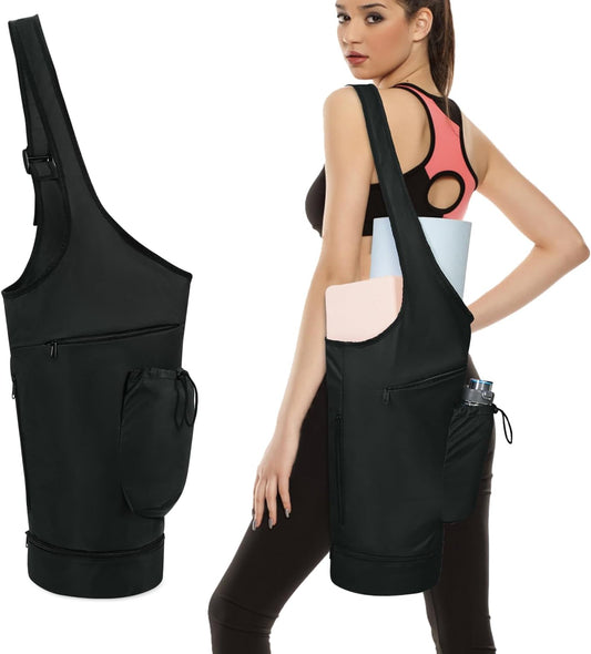 Yoga Mat Bag, Large Opening Long Tote Yoga Mat Carrier Holder Bag with Waterproof Wet Pocket and Drawstring Water Bottle Pocket, Adjustable Shoulder Strap Storage Bag, patent pending