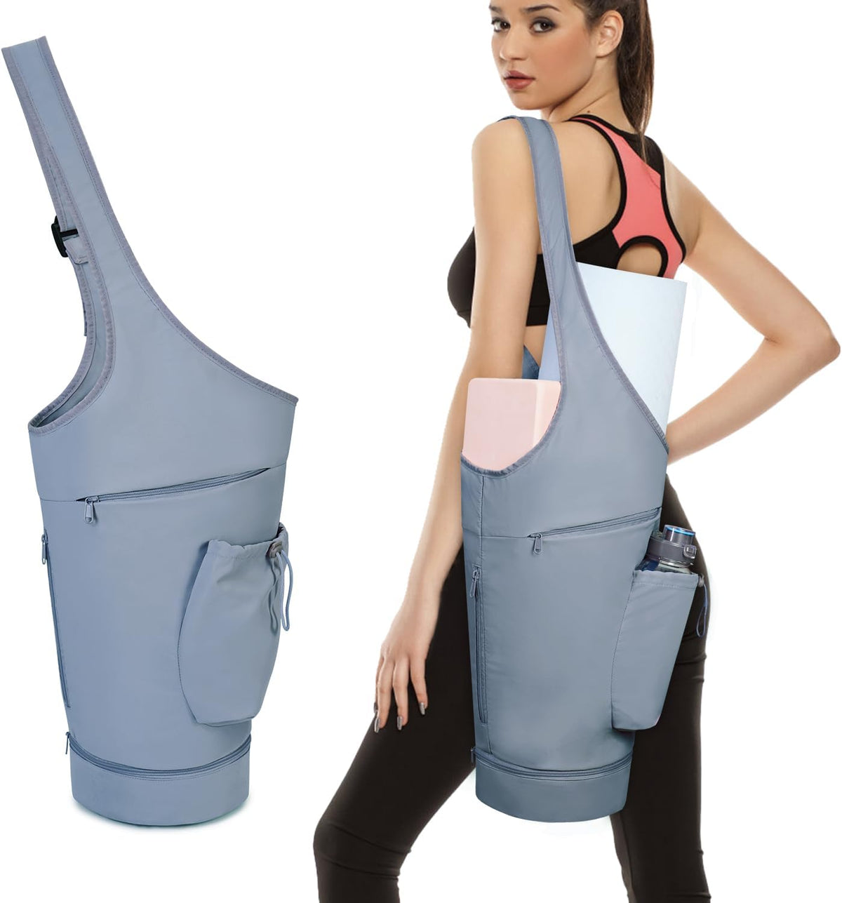 Yoga Mat Bag, Large Opening Long Tote Yoga Mat Carrier Holder Bag with Waterproof Wet Pocket and Drawstring Water Bottle Pocket, Adjustable Shoulder Strap Storage Bag, patent pending
