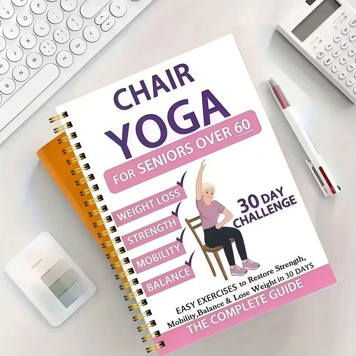Chair Yoga for Seniors Over 60 Book & Chart, Chair Yoga for Weight Loss & Toning, 30-Day Challenge, Exercise Book for Seniors Over 60 (Pink)