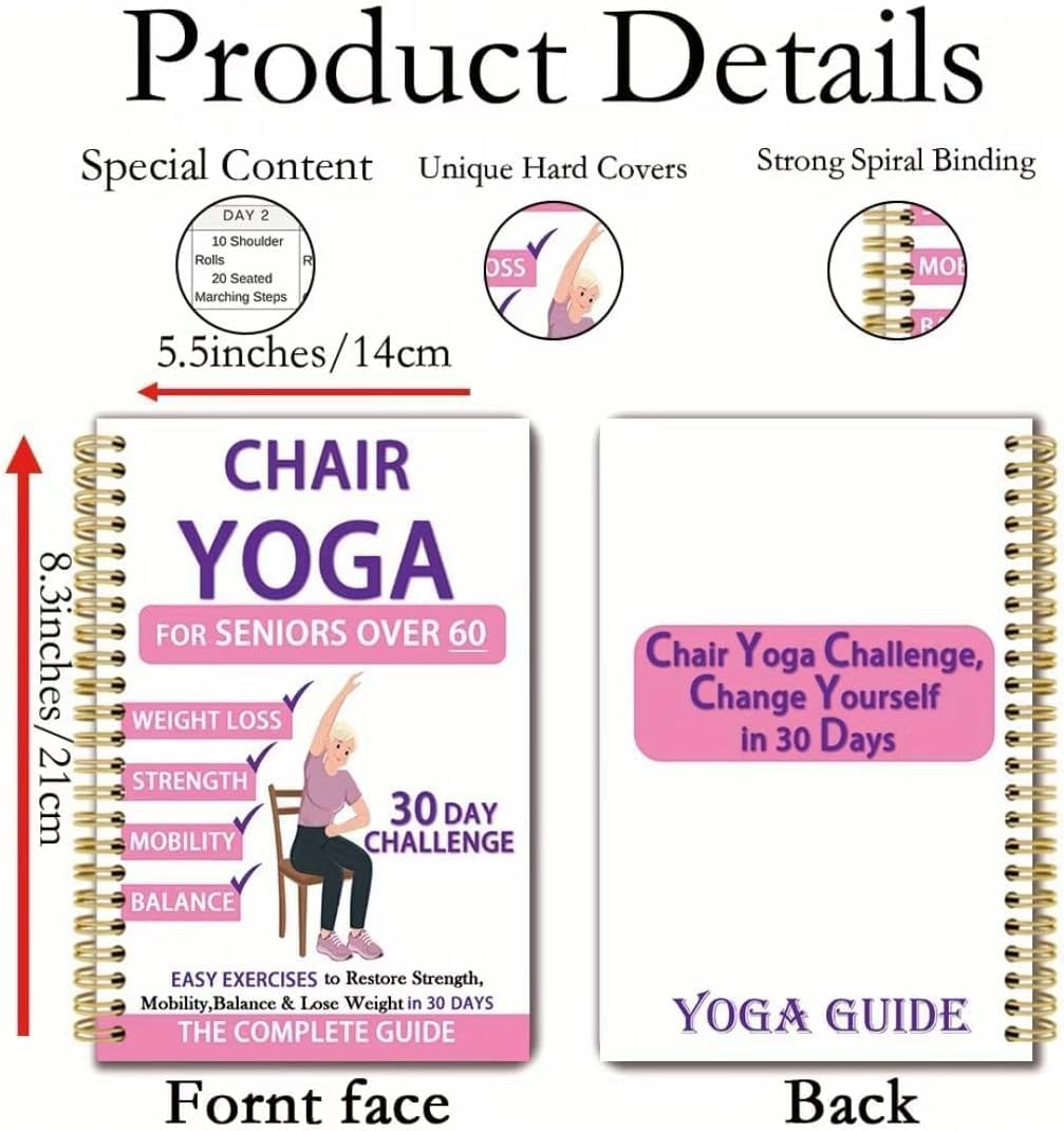 Chair Yoga for Seniors Over 60 Book & Chart, Chair Yoga for Weight Loss & Toning, 30-Day Challenge, Exercise Book for Seniors Over 60 (Pink)