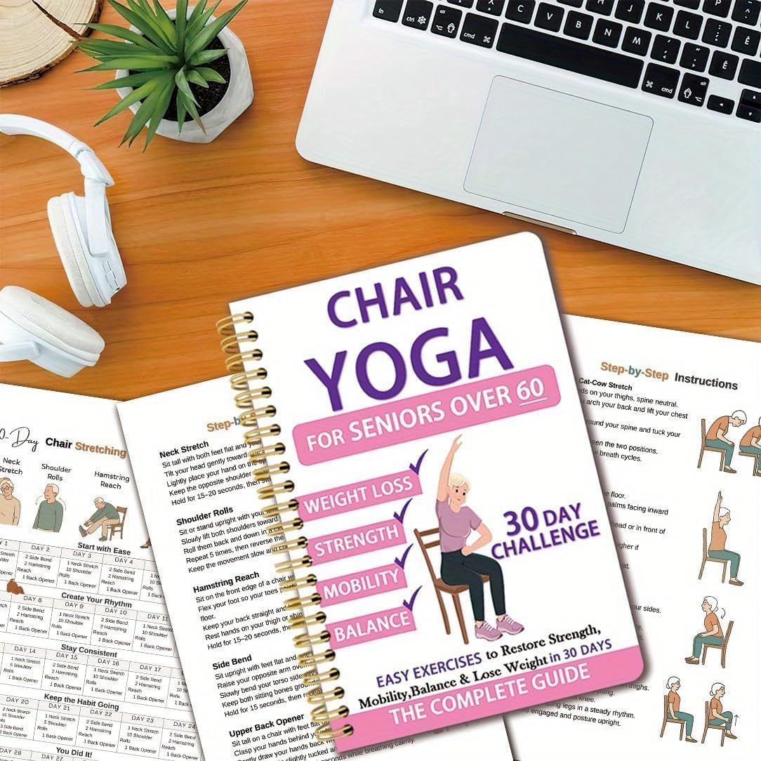Chair Yoga for Seniors Over 60 Book & Chart, Chair Yoga for Weight Loss & Toning, 30-Day Challenge, Exercise Book for Seniors Over 60 (Pink)