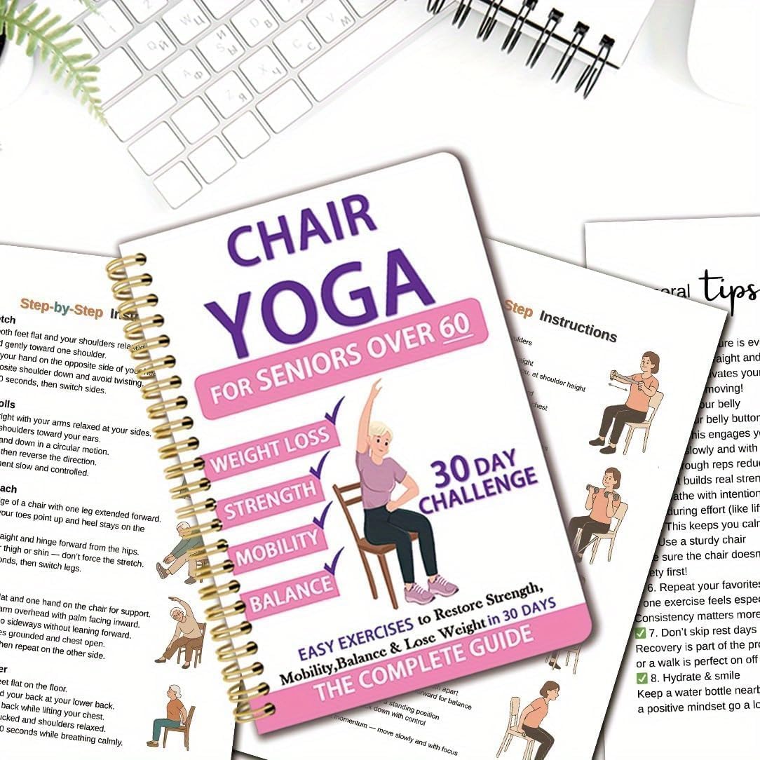 Chair Yoga for Seniors Over 60 Book & Chart, Chair Yoga for Weight Loss & Toning, 30-Day Challenge, Exercise Book for Seniors Over 60 (Pink)