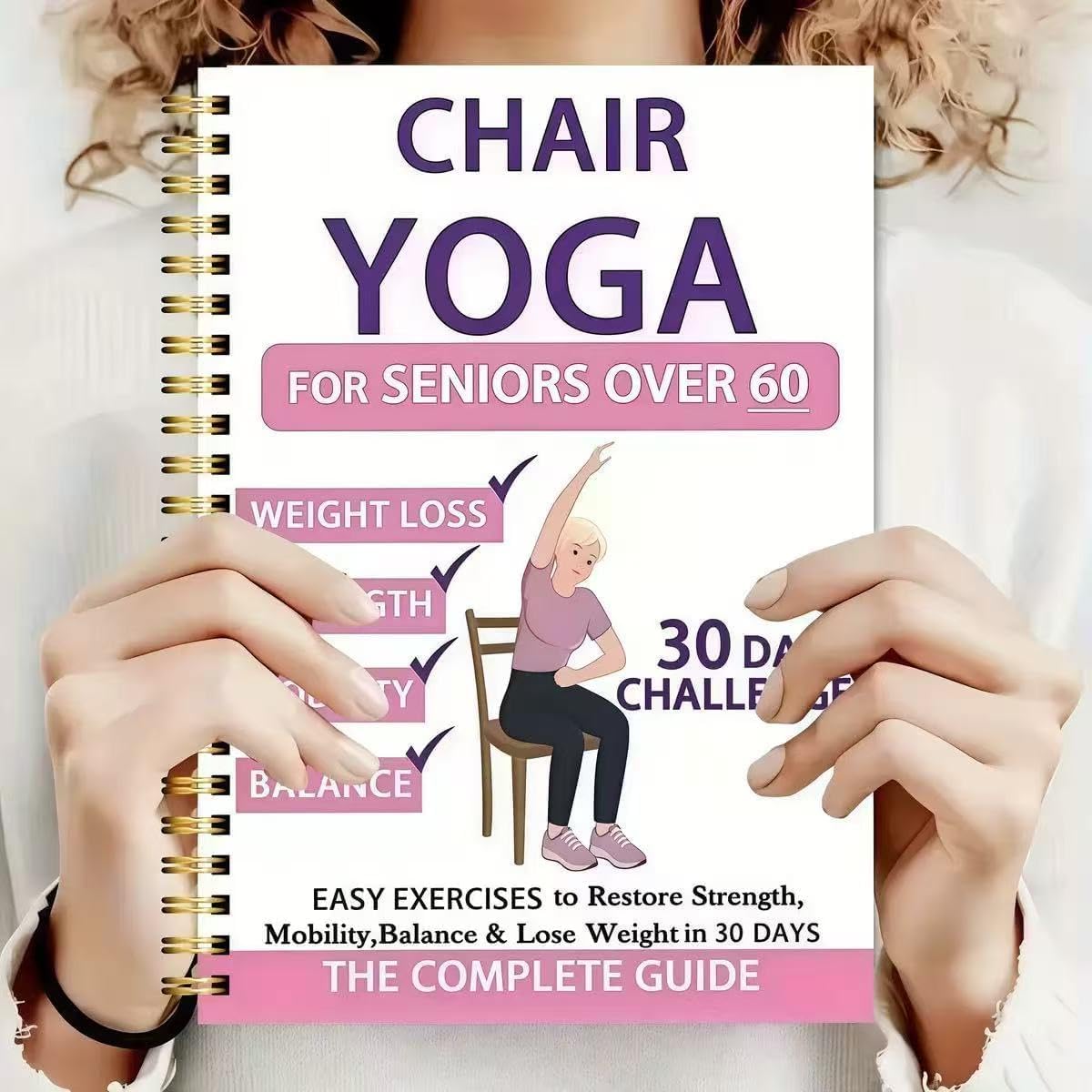 Chair Yoga for Seniors Over 60 Book & Chart, Chair Yoga for Weight Loss & Toning, 30-Day Challenge, Exercise Book for Seniors Over 60 (Pink)