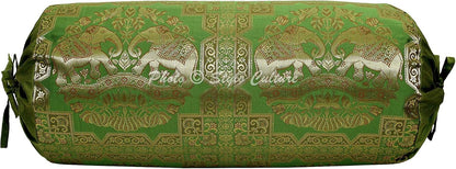 Indian Tubular Brocade Bolster Pillow Cover Olive Green Gold Floral Jacquard Weave Round Yoga Pillow Traditional Elephant Decorative Cushion Cover - (76x38 cm) | 1 Pc (Cover Only)