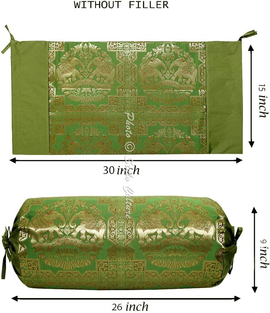 Indian Tubular Brocade Bolster Pillow Cover Olive Green Gold Floral Jacquard Weave Round Yoga Pillow Traditional Elephant Decorative Cushion Cover - (76x38 cm) | 1 Pc (Cover Only)