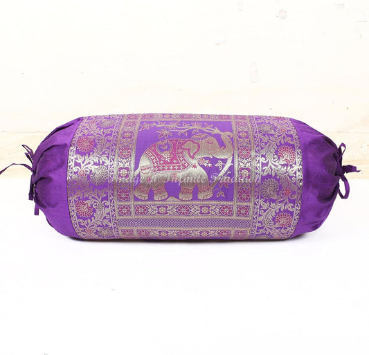 Indian Silk Bolster Tube Pillow Cover Cylindrical Purple Yoga Large Couch Round Decorative Cushion Cover Home Decor Living Room Elephant Throw Cushion Cover 30x15 inch (76x38cm) - 1 Pc.