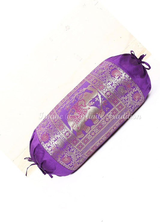 Indian Silk Bolster Tube Pillow Cover Cylindrical Purple Yoga Large Couch Round Decorative Cushion Cover Home Decor Living Room Elephant Throw Cushion Cover 30x15 inch (76x38cm) - 1 Pc.