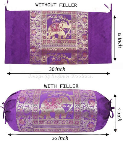 Indian Silk Bolster Tube Pillow Cover Cylindrical Purple Yoga Large Couch Round Decorative Cushion Cover Home Decor Living Room Elephant Throw Cushion Cover 30x15 inch (76x38cm) - 1 Pc.