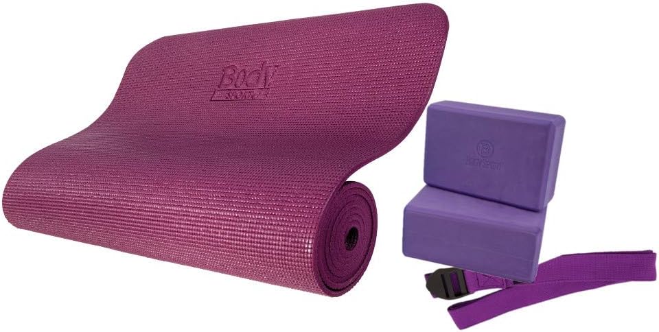 4-Piece Yoga Kit, (1) 72 in. x 1/4 in. Fitness Mat, (2) Purple Blocks, (1) 6 ft. Exercise Strap - Beginner Set for Home Fitness & Gym Workouts