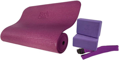 4-Piece Yoga Kit, (1) 72 in. x 1/4 in. Fitness Mat, (2) Purple Blocks, (1) 6 ft. Exercise Strap - Beginner Set for Home Fitness & Gym Workouts