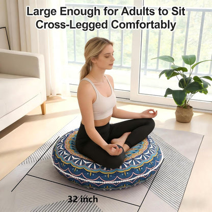 32 Inch Round Floor Pillow for Adults, Large Thick Memory Foam Boho Mandala Meditation Floor Seating Cushion, Machine Washable for Living Room Outdoor Yoga Floor Sitting, Green