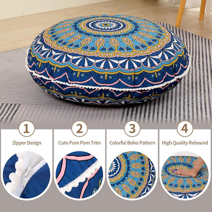 32 Inch Round Floor Pillow for Adults, Large Thick Memory Foam Boho Mandala Meditation Floor Seating Cushion, Machine Washable for Living Room Outdoor Yoga Floor Sitting, Green