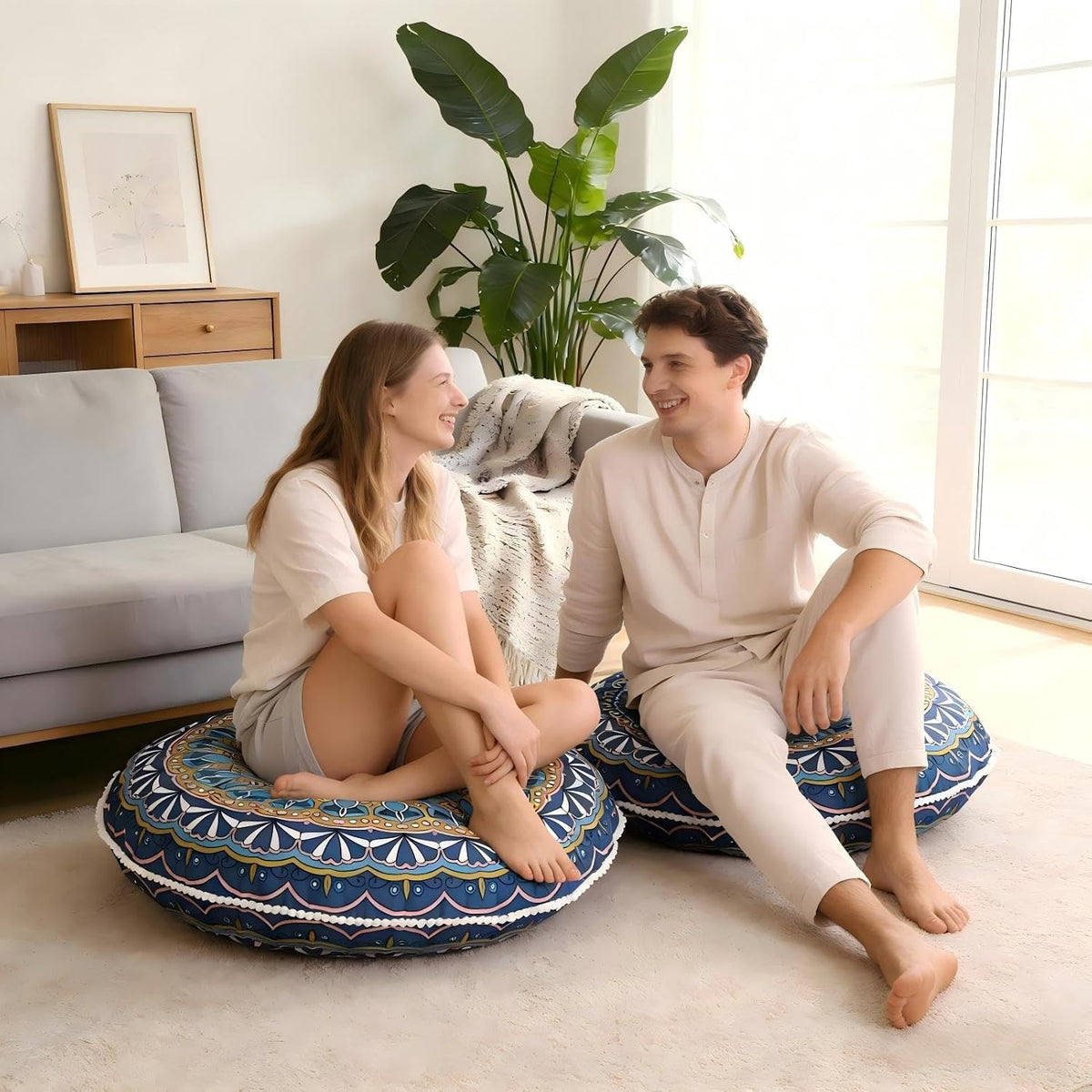 32 Inch Round Floor Pillow for Adults, Large Thick Memory Foam Boho Mandala Meditation Floor Seating Cushion, Machine Washable for Living Room Outdoor Yoga Floor Sitting, Green
