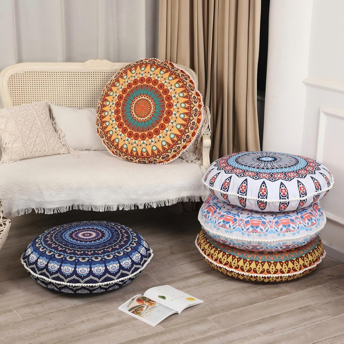32 Inch Round Floor Pillow for Adults, Large Thick Memory Foam Boho Mandala Meditation Floor Seating Cushion, Machine Washable for Living Room Outdoor Yoga Floor Sitting, Green