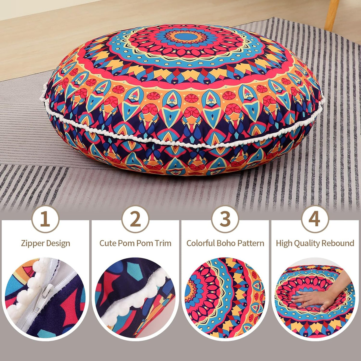 32 Inch Round Floor Pillow for Adults, Large Thick Memory Foam Boho Mandala Meditation Floor Seating Cushion, Machine Washable for Living Room Outdoor Yoga Floor Sitting, Green