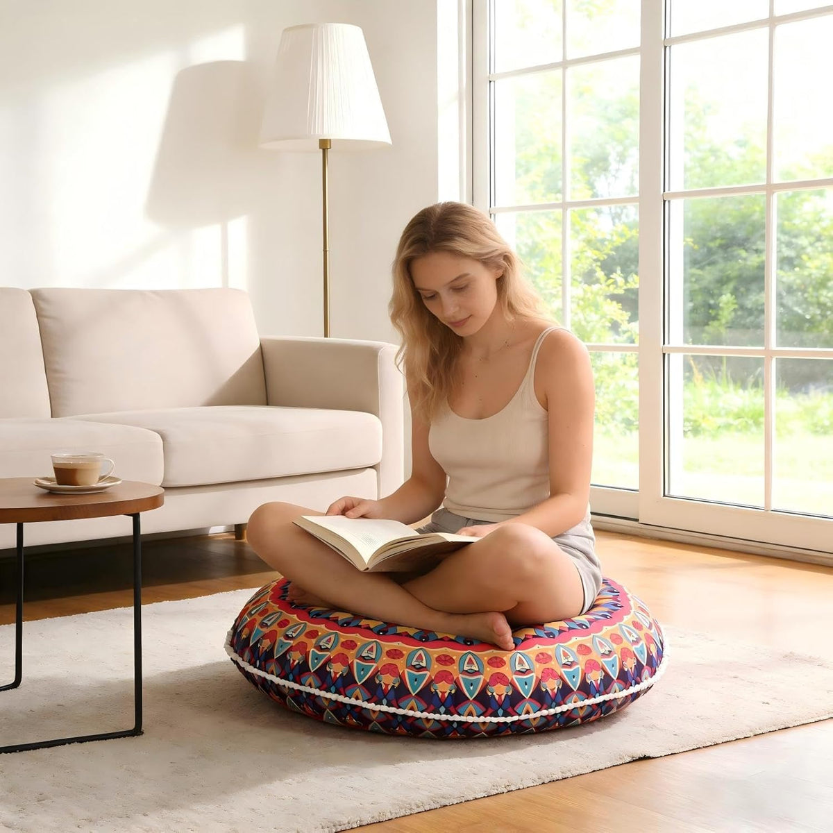 32 Inch Round Floor Pillow for Adults, Large Thick Memory Foam Boho Mandala Meditation Floor Seating Cushion, Machine Washable for Living Room Outdoor Yoga Floor Sitting, Green