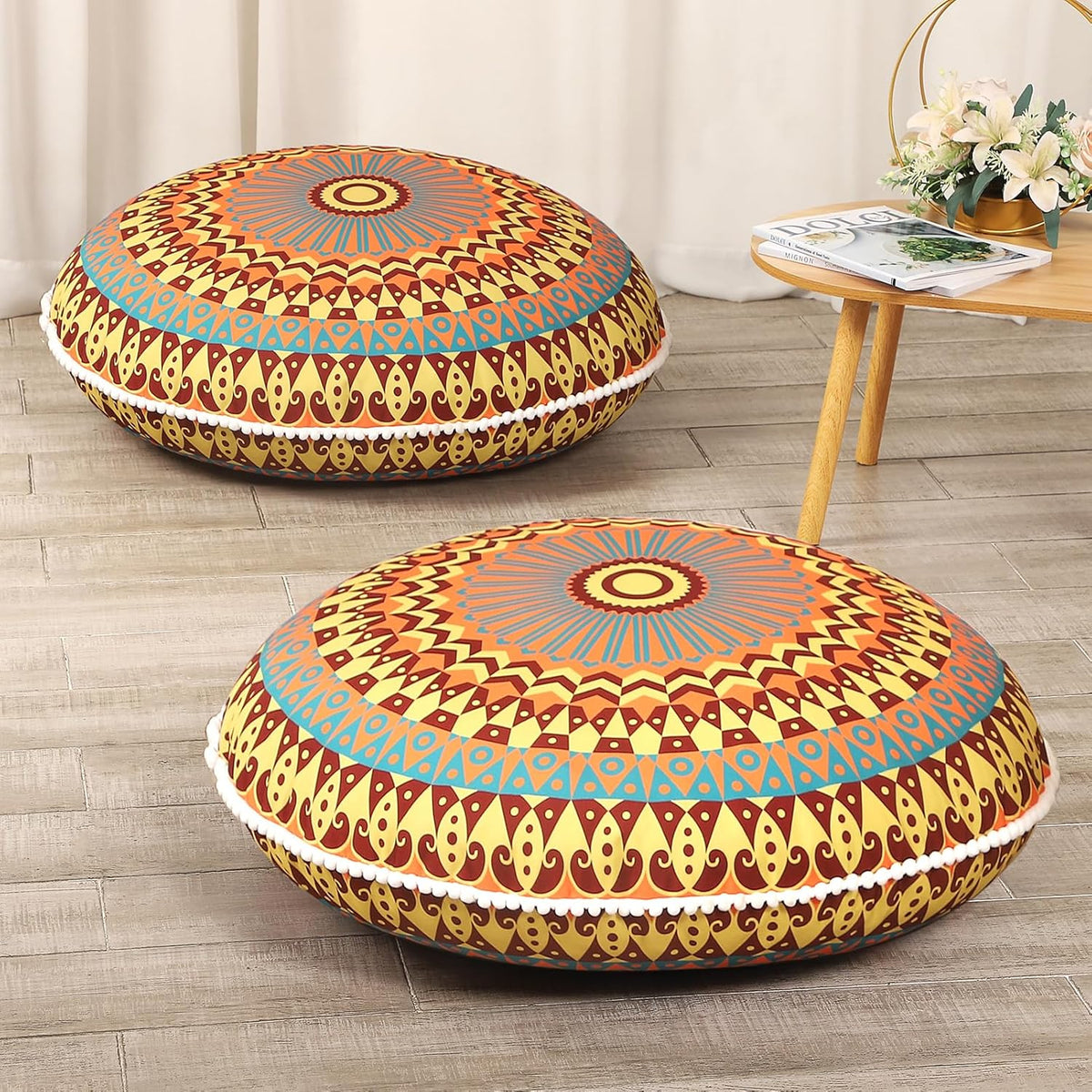 32 Inch Round Floor Pillow for Adults, Large Thick Memory Foam Boho Mandala Meditation Floor Seating Cushion, Machine Washable for Living Room Outdoor Yoga Floor Sitting, Green