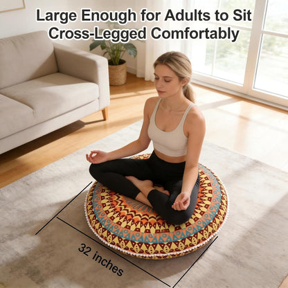 32 Inch Round Floor Pillow for Adults, Large Thick Memory Foam Boho Mandala Meditation Floor Seating Cushion, Machine Washable for Living Room Outdoor Yoga Floor Sitting, Green