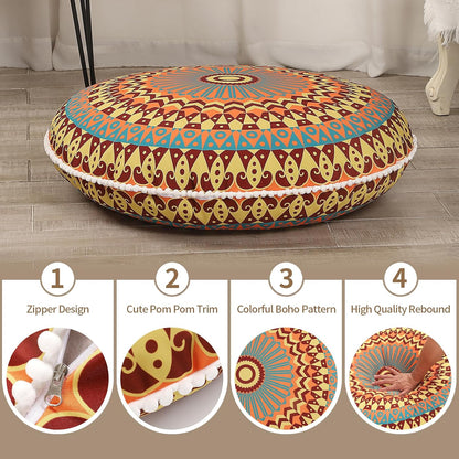 32 Inch Round Floor Pillow for Adults, Large Thick Memory Foam Boho Mandala Meditation Floor Seating Cushion, Machine Washable for Living Room Outdoor Yoga Floor Sitting, Green