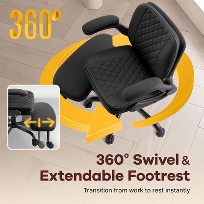 Cross Legged Office Chair,ADHD Criss Cross Desk Chair with Wheels & Stretchable Rotating Footrest,Height Adjustable Wide Yoga Kneeling Meditation Chair with Flip-up Armrests Back Support