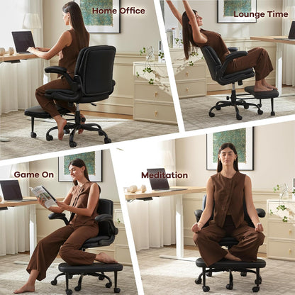 Cross Legged Office Chair,ADHD Criss Cross Desk Chair with Wheels & Stretchable Rotating Footrest,Height Adjustable Wide Yoga Kneeling Meditation Chair with Flip-up Armrests Back Support