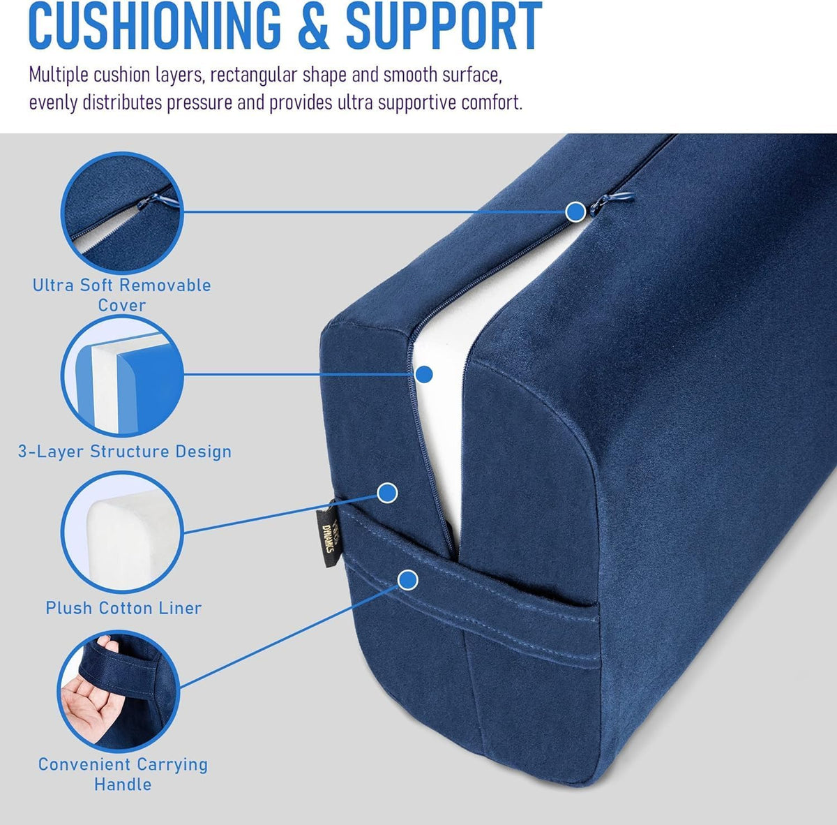 Yoga Bolster Pillow – Firm Rectangular Cushion for Restorative Yoga, Back & Hip Support, Meditation & Physical Therapy, Washable Cover with Carry Handle