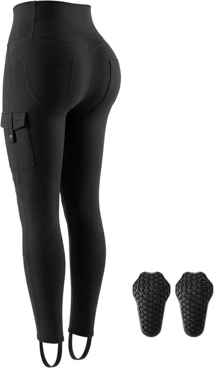 Women's Motorcycle Pants, Booty Lifting Yoga Leggings with CE2 Certified Removable Knee Pads & Cargo Pockets for Riding