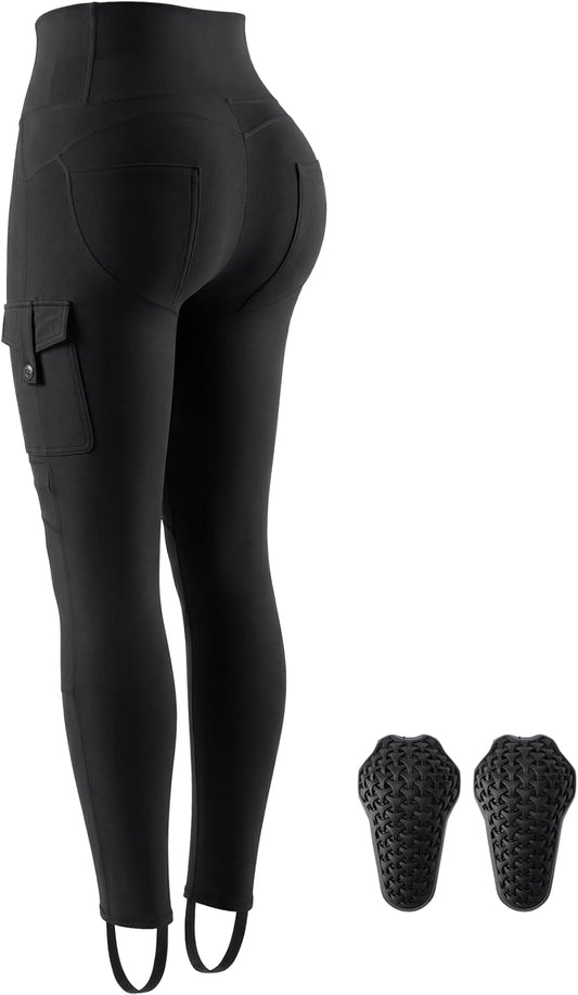 Women's Motorcycle Pants, Booty Lifting Yoga Leggings with CE2 Certified Removable Knee Pads & Cargo Pockets for Riding