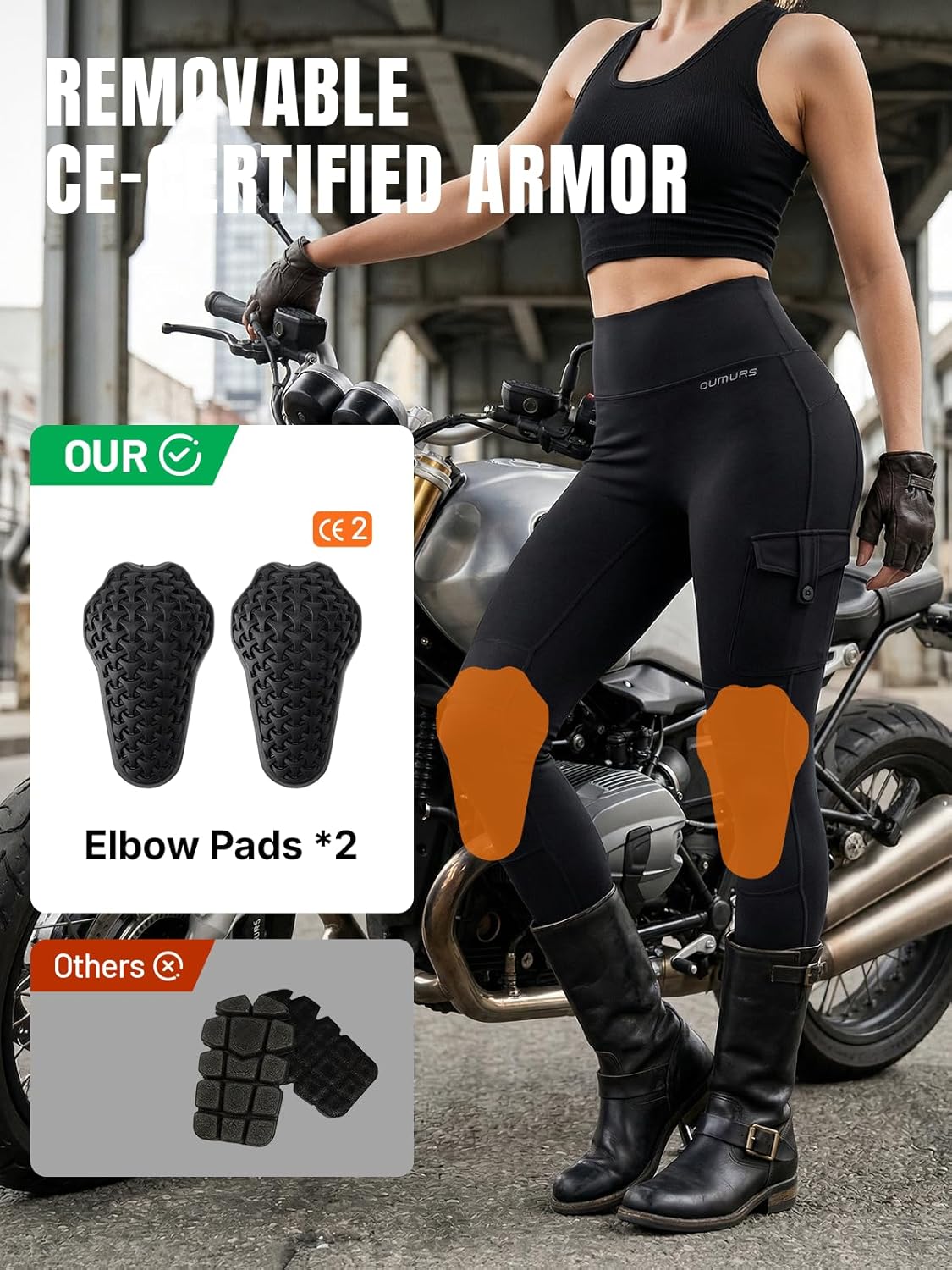 Women's Motorcycle Pants, Booty Lifting Yoga Leggings with CE2 Certified Removable Knee Pads & Cargo Pockets for Riding
