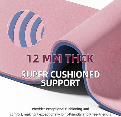 Extra Thick 12mm TPE Exercise Yoga Mat with Strap, 72"L x 24.8"W Non-slip Workout Mat for gymnastics, Pilates, Home, Workout, Gym Floor Fitness