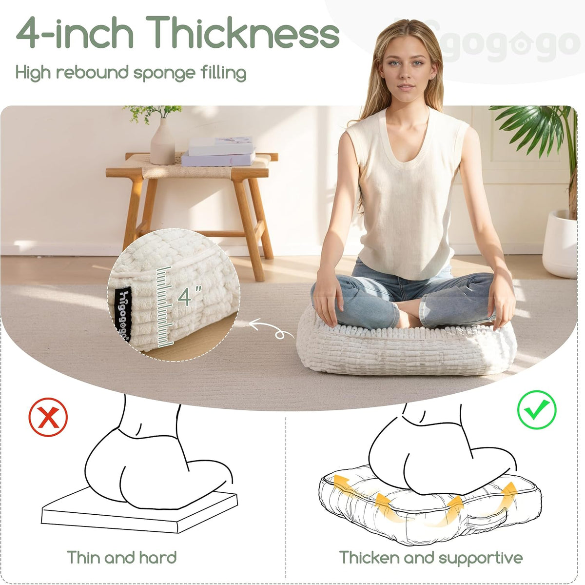 Floor Pillow Cushion for Adults, Meditation Cushion Pillow, Blended Corduroy Cover, Large Square Floor Sitting for Tatami Living Room or Yoga, 22x22 Inch, Beige