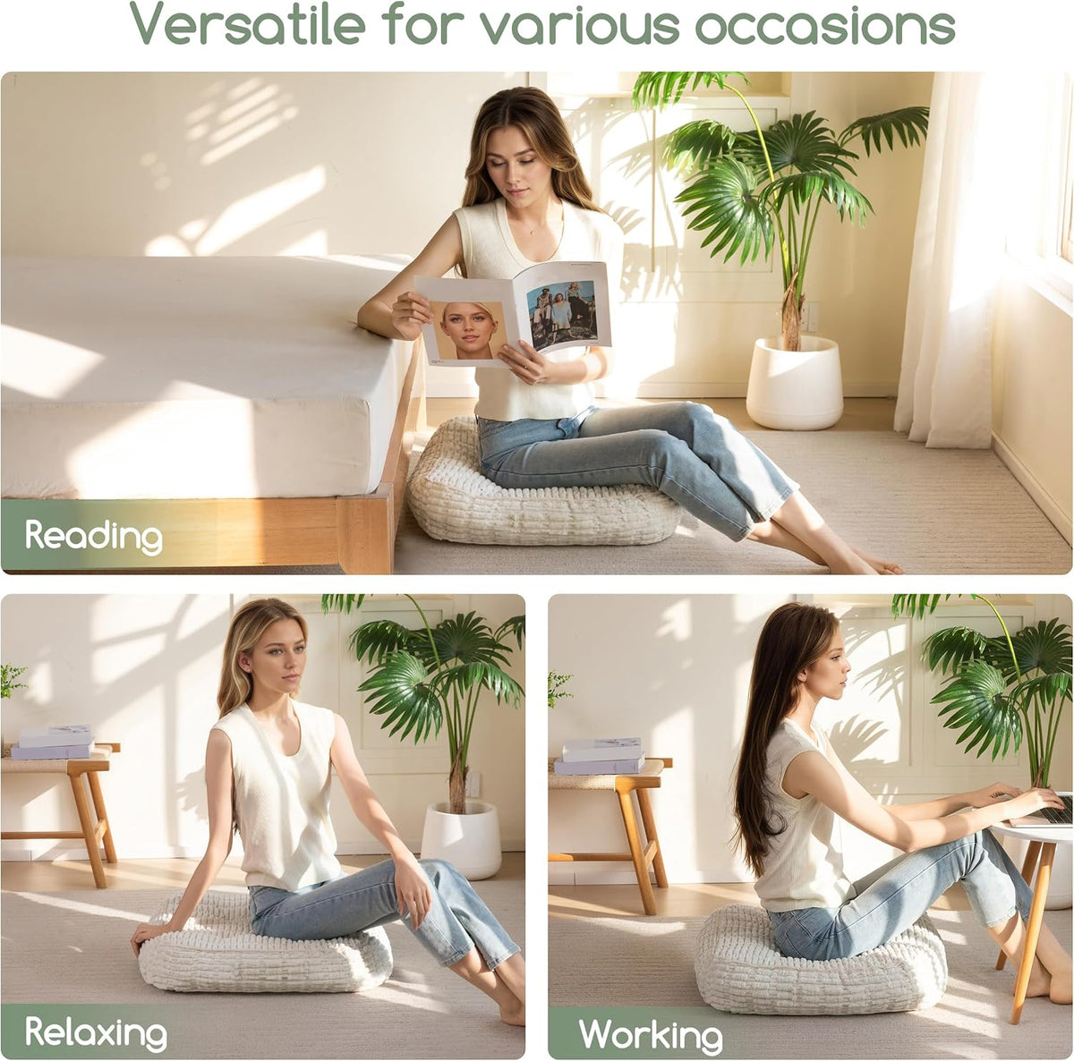 Floor Pillow Cushion for Adults, Meditation Cushion Pillow, Blended Corduroy Cover, Large Square Floor Sitting for Tatami Living Room or Yoga, 22x22 Inch, Beige