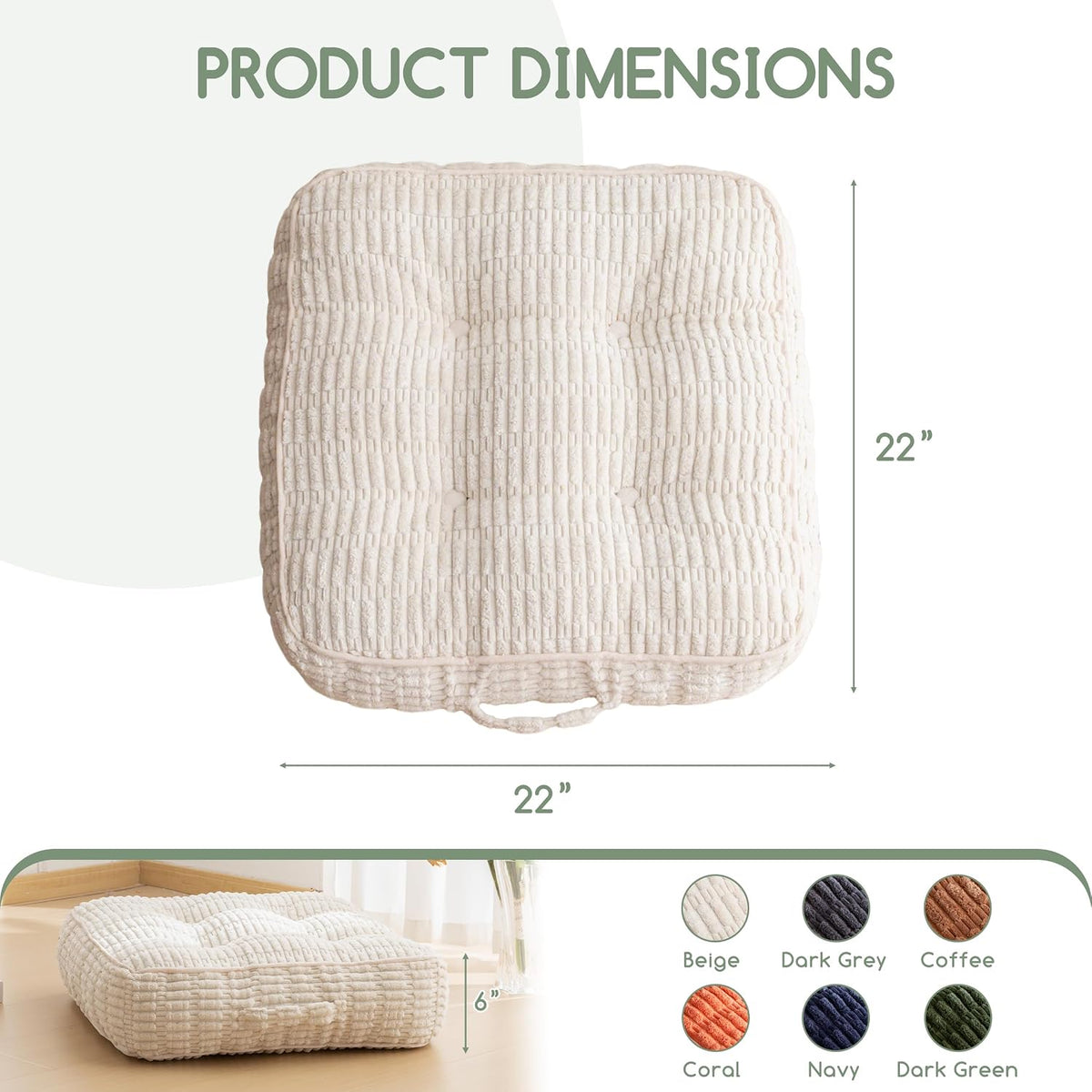 Floor Pillow Cushion for Adults, Meditation Cushion Pillow, Blended Corduroy Cover, Large Square Floor Sitting for Tatami Living Room or Yoga, 22x22 Inch, Beige