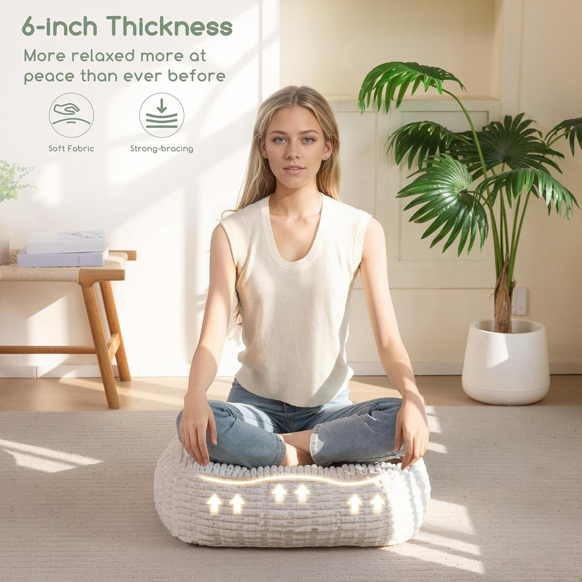 Floor Pillow Cushion for Adults, Meditation Cushion Pillow, Blended Corduroy Cover, Large Square Floor Sitting for Tatami Living Room or Yoga, 22x22 Inch, Beige