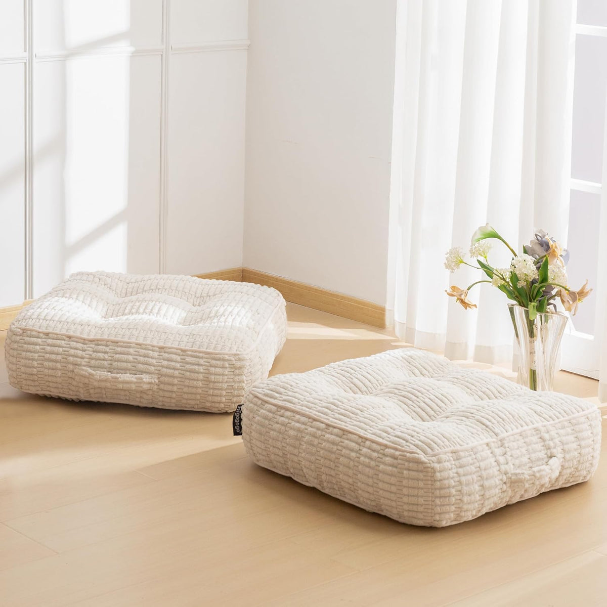 Floor Pillow Cushion for Adults, Meditation Cushion Pillow, Blended Corduroy Cover, Large Square Floor Sitting for Tatami Living Room or Yoga, 22x22 Inch, Beige