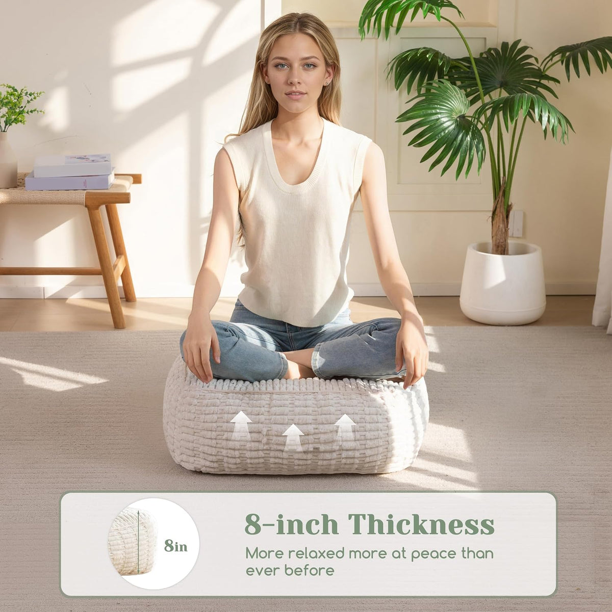 Floor Pillow Cushion for Adults, Meditation Cushion Pillow, Blended Corduroy Cover, Large Square Floor Sitting for Tatami Living Room or Yoga, 22x22 Inch, Beige