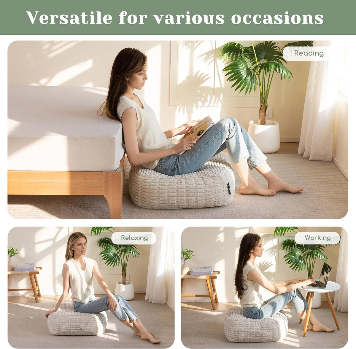 Floor Pillow Cushion for Adults, Meditation Cushion Pillow, Blended Corduroy Cover, Large Square Floor Sitting for Tatami Living Room or Yoga, 22x22 Inch, Beige